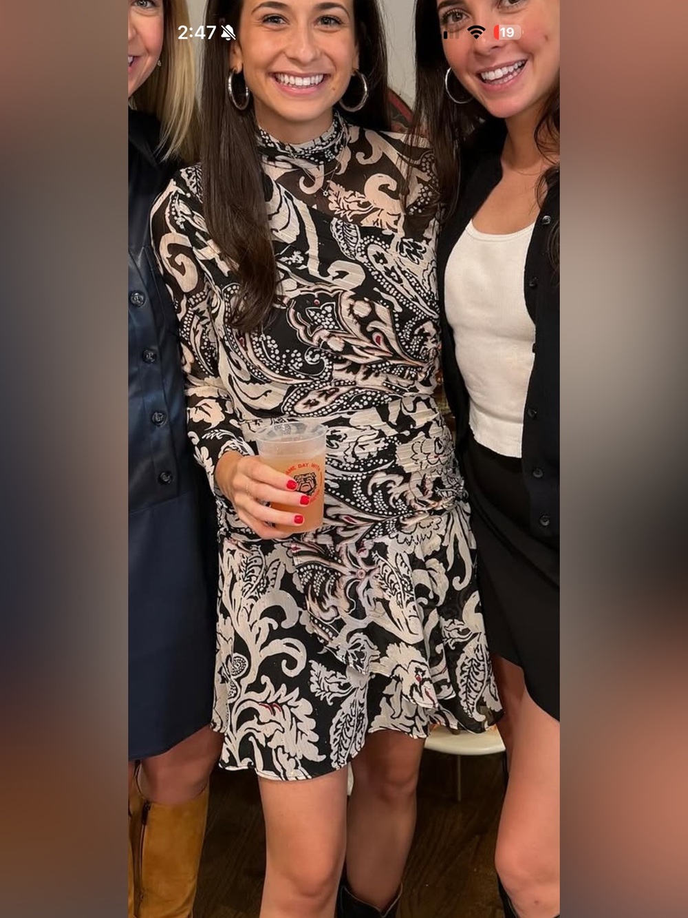 Zara Black and Cream Paisley Long-Sleeve Ruched Dress